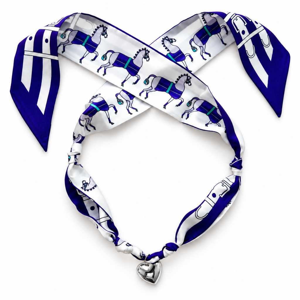 The Schaefer silk scarf necklace in purple with silver heart pendant