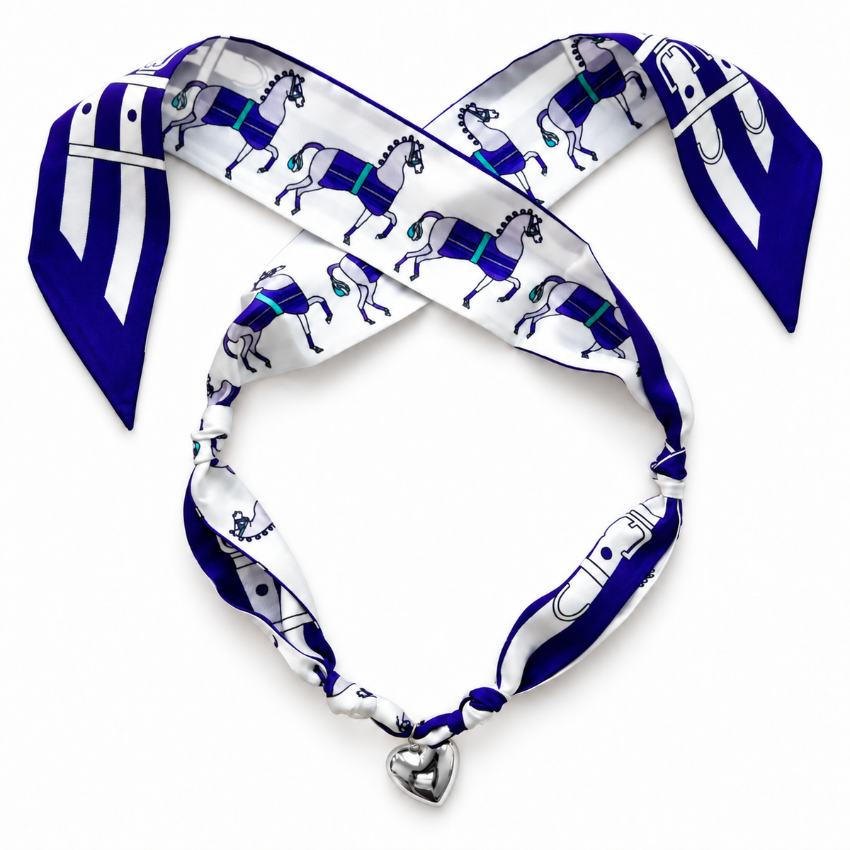 The Schaefer silk scarf necklace in purple with silver heart pendant