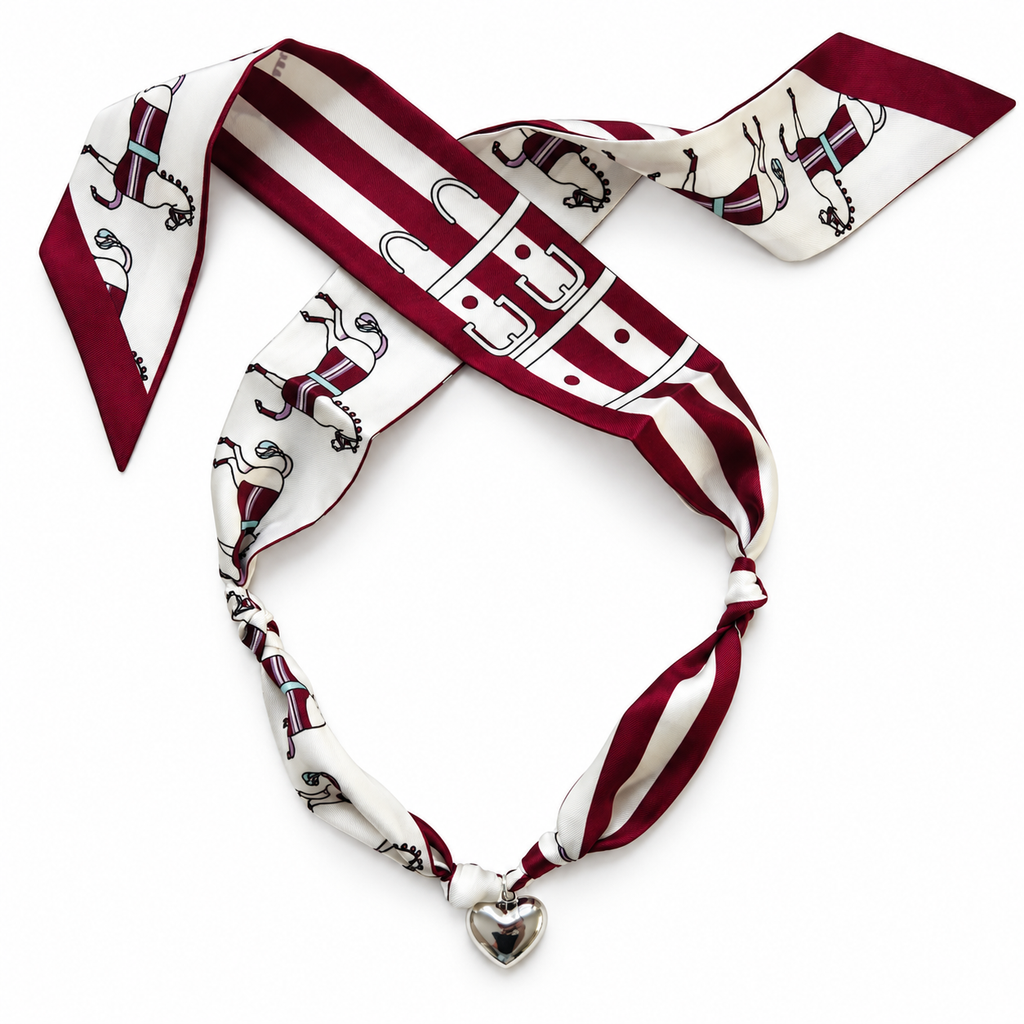 The Commons silk scarf necklace in maroon with silver heart pendant