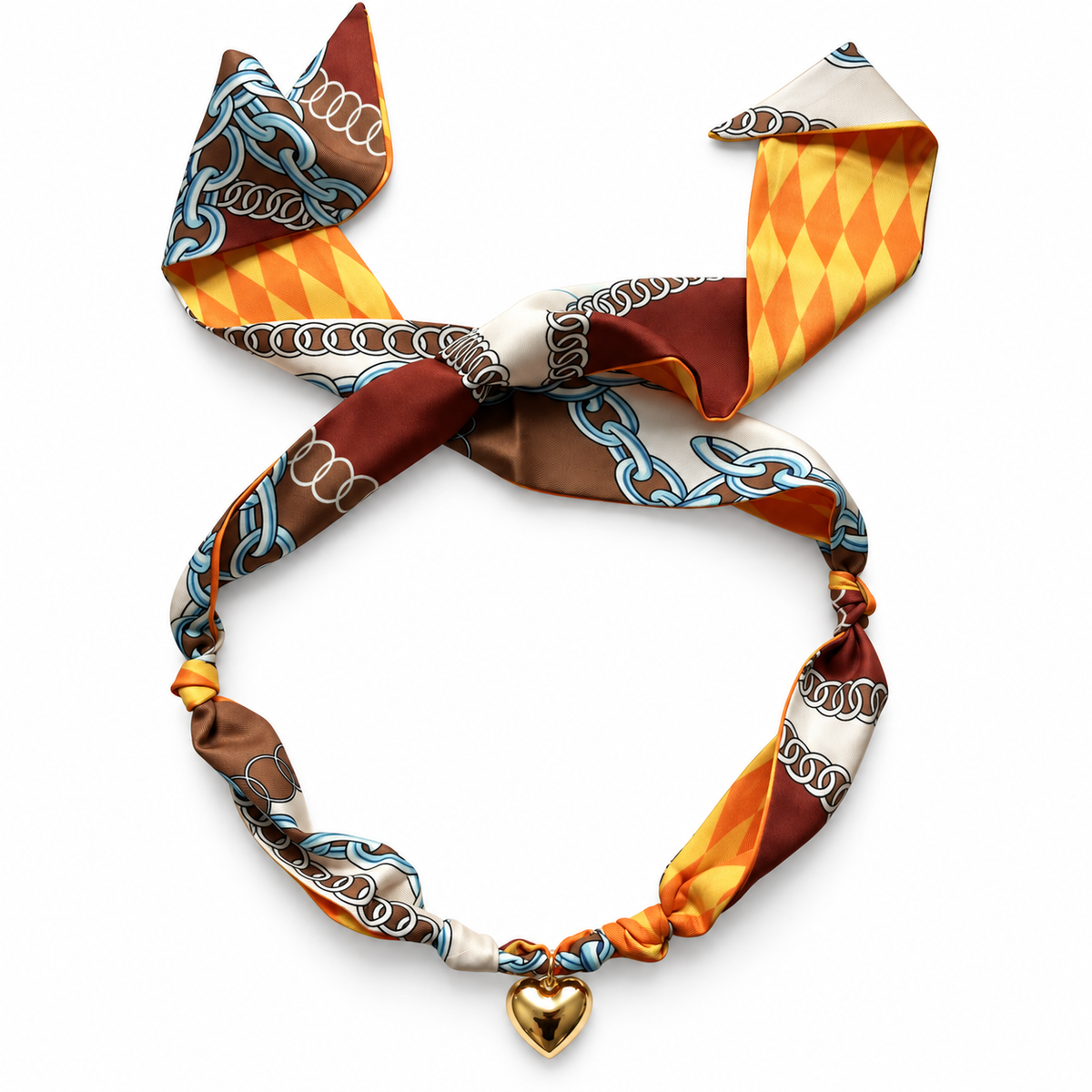 The Tina silk scarf necklace with gold heart pendant 