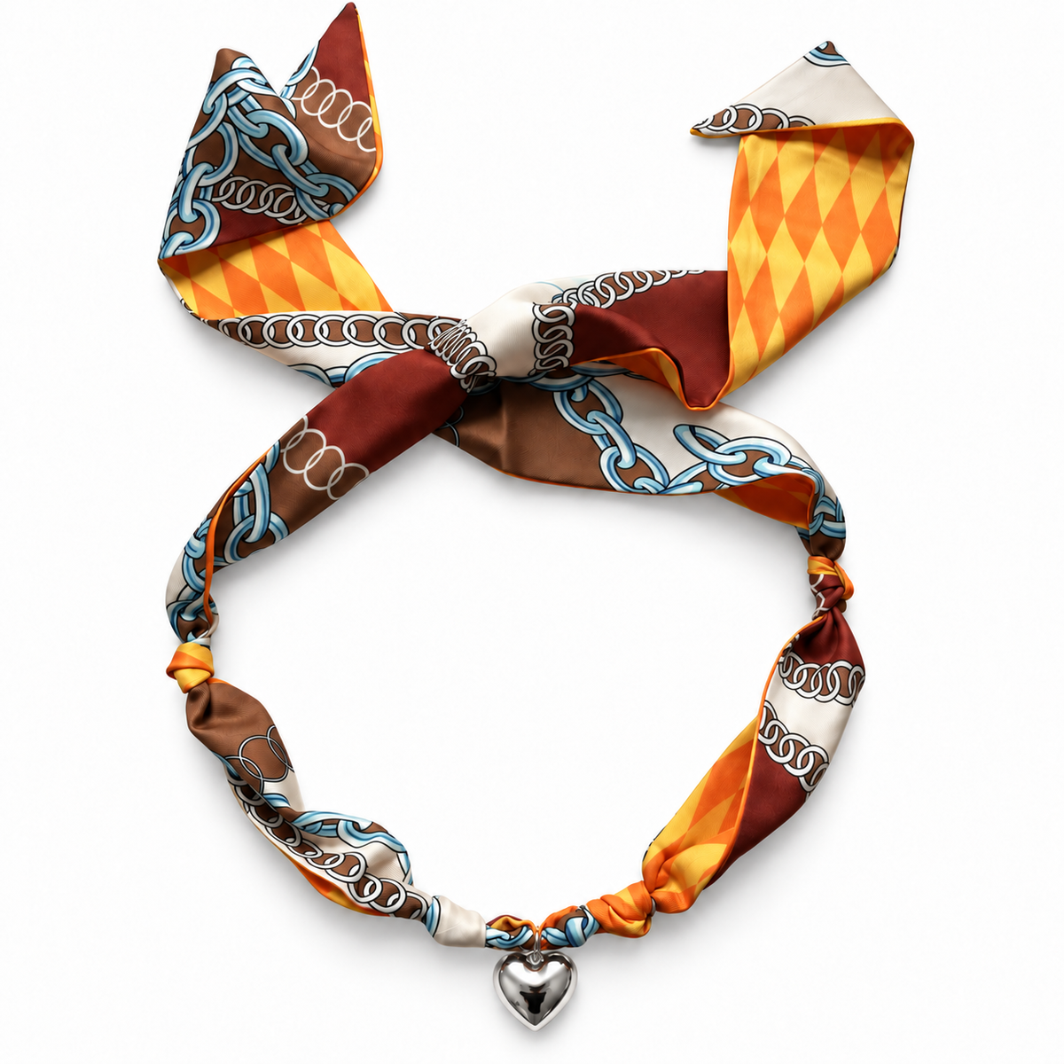 The Tina silk scarf necklace with silver heart pendant 