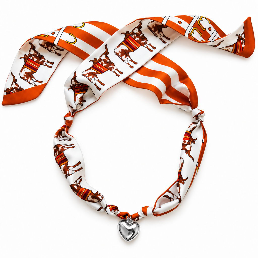 The Kreuger silk scarf necklace in burnt orange with silver heart pendant