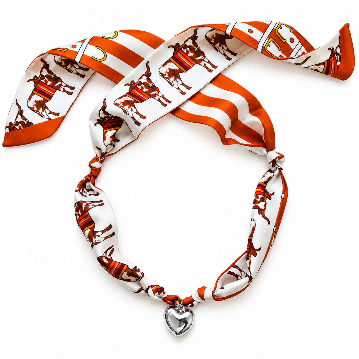 The Kreuger silk scarf necklace in burnt orange with silver heart pendant